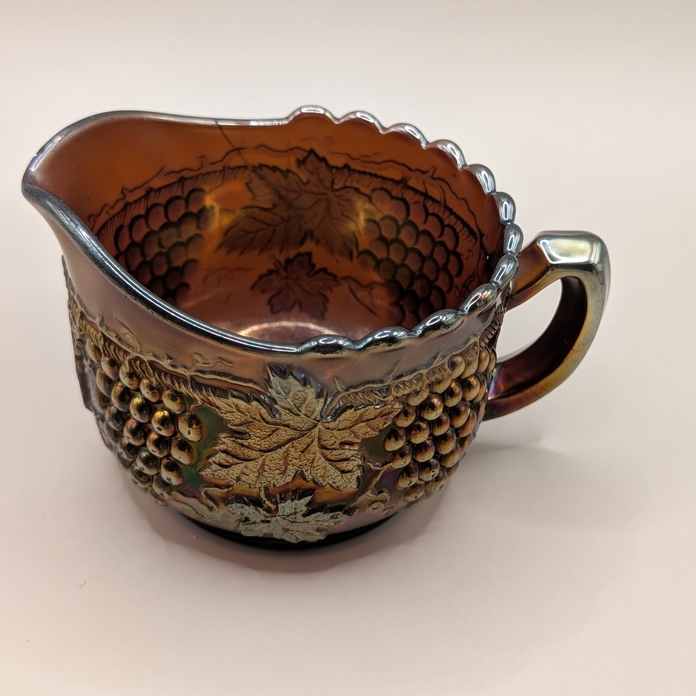 Vintage Amber Glass Pitcher with Grape Design